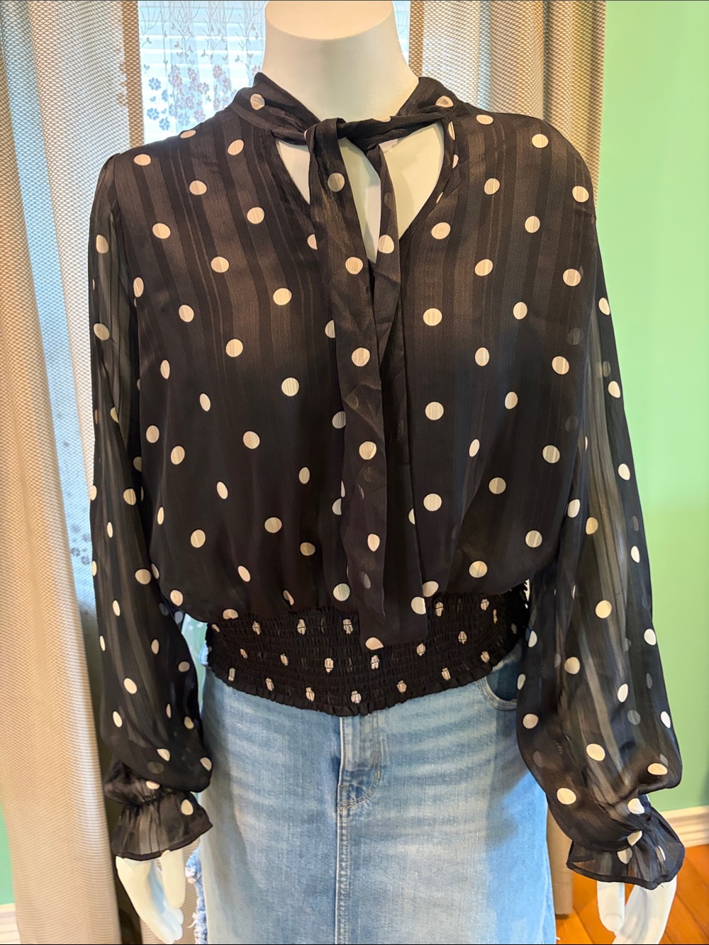 Black Polka Dot Tie-Neck Blouse with Smocked Waist